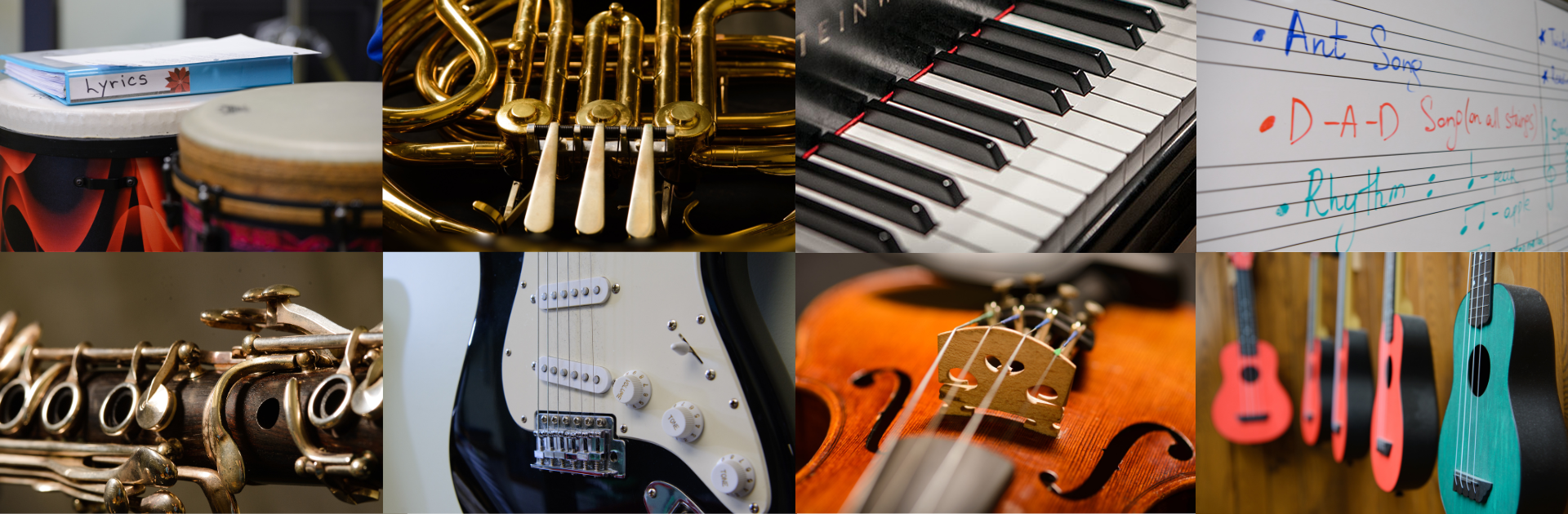 composite of congas, horn, piano, white board, ukeleles, violin, electric guitar, and clarinet